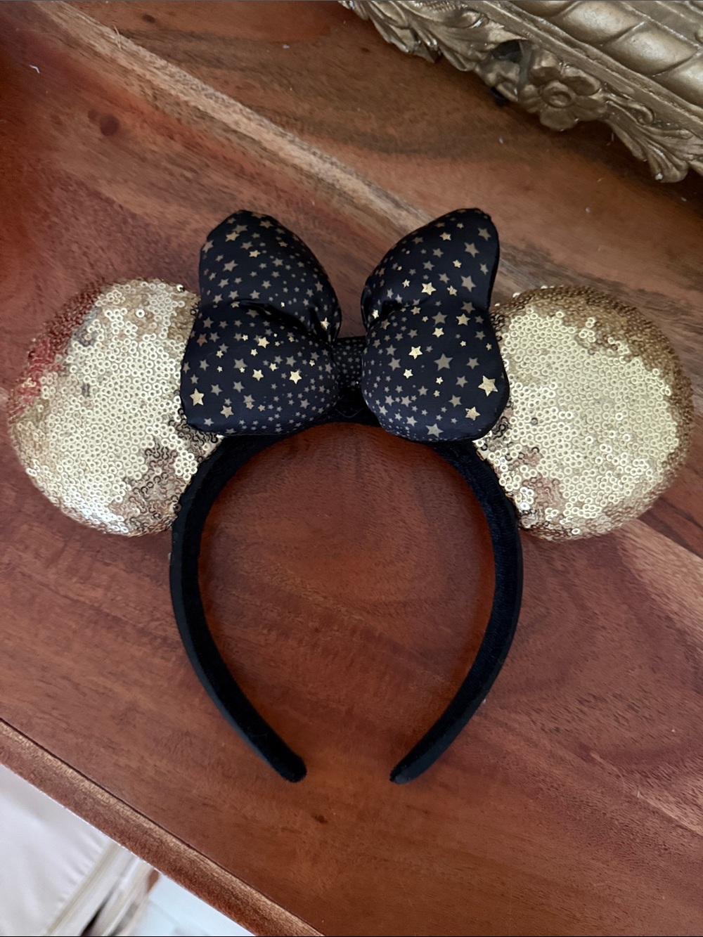 Disneyland Paris Gold Sequin Minnie Ears Headband with Black Star Bow